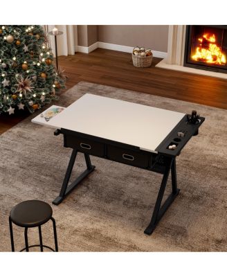 Adjustable Drawing Drafting Table Desk with 2 Drawers & Stool (White)