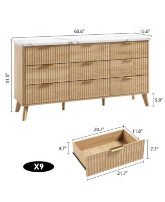 Fluted Dresser for Bedroom, 9 Deep Drawer Modern Wood Storage Chest, Beige