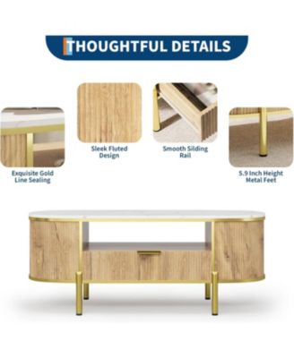 48" Oval Coffee Table with Fluted Design & Faux Marble Top, Modern Center Table with Drawers