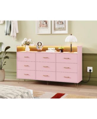 9-Drawer Tall Dresser with RGB Lights & Charging Station, App-Controlled LED Wooden Storage Chest, Pink