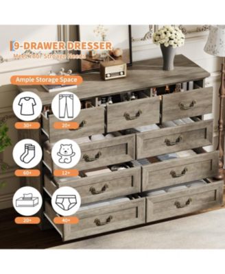 Farmhouse 9-Drawer Dresser, Rustic Vintage Chest with Natural Texture, Spacious Storage Organizer, Grey