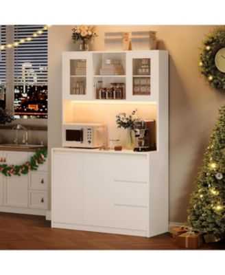 Kitchen Pantry Cabinet with Charging Station, Tall Storage Cabinet with Countertop, Drawers and Glass Doors