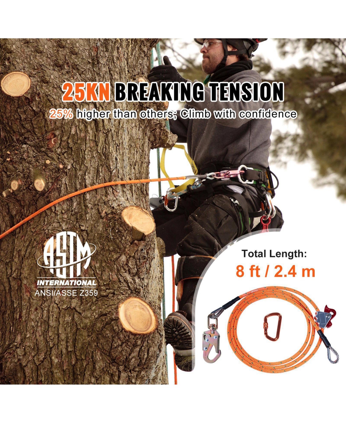 Mecale 1/2" x 8' Steel Core Arborist Flipline, Tree Climbing Flip Line with Alloy Steel Snap Hook, Aluminum Carabiner, Tool Lanyard
