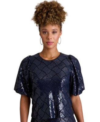 Women's Jewel Neck Bubble Sleeve Top