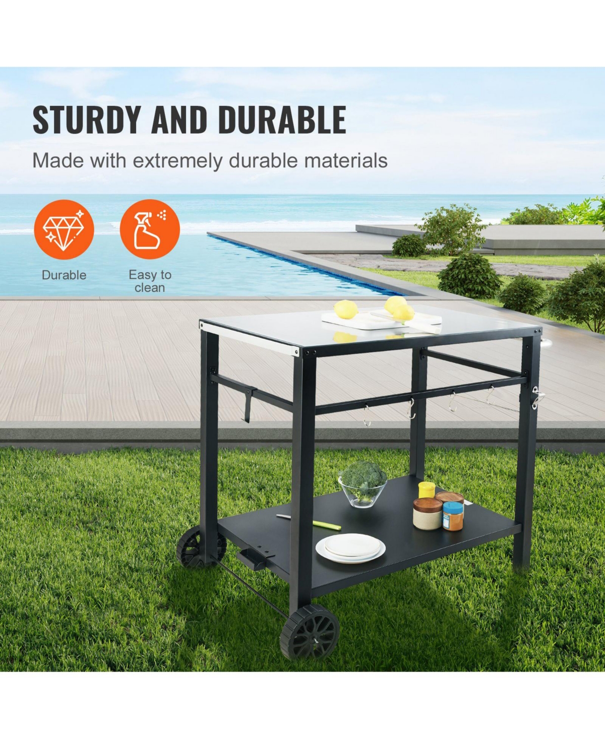 Volenca Outdoor Grill Dining Cart, Double Shelf, Iron Top, 2 Wheels, Carry Handle, Food Prep Table