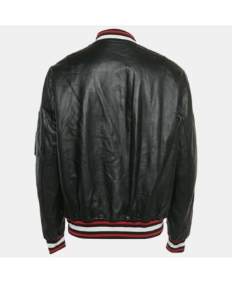 Men's Black Leather Rottweiler Patch Bomber Jacket