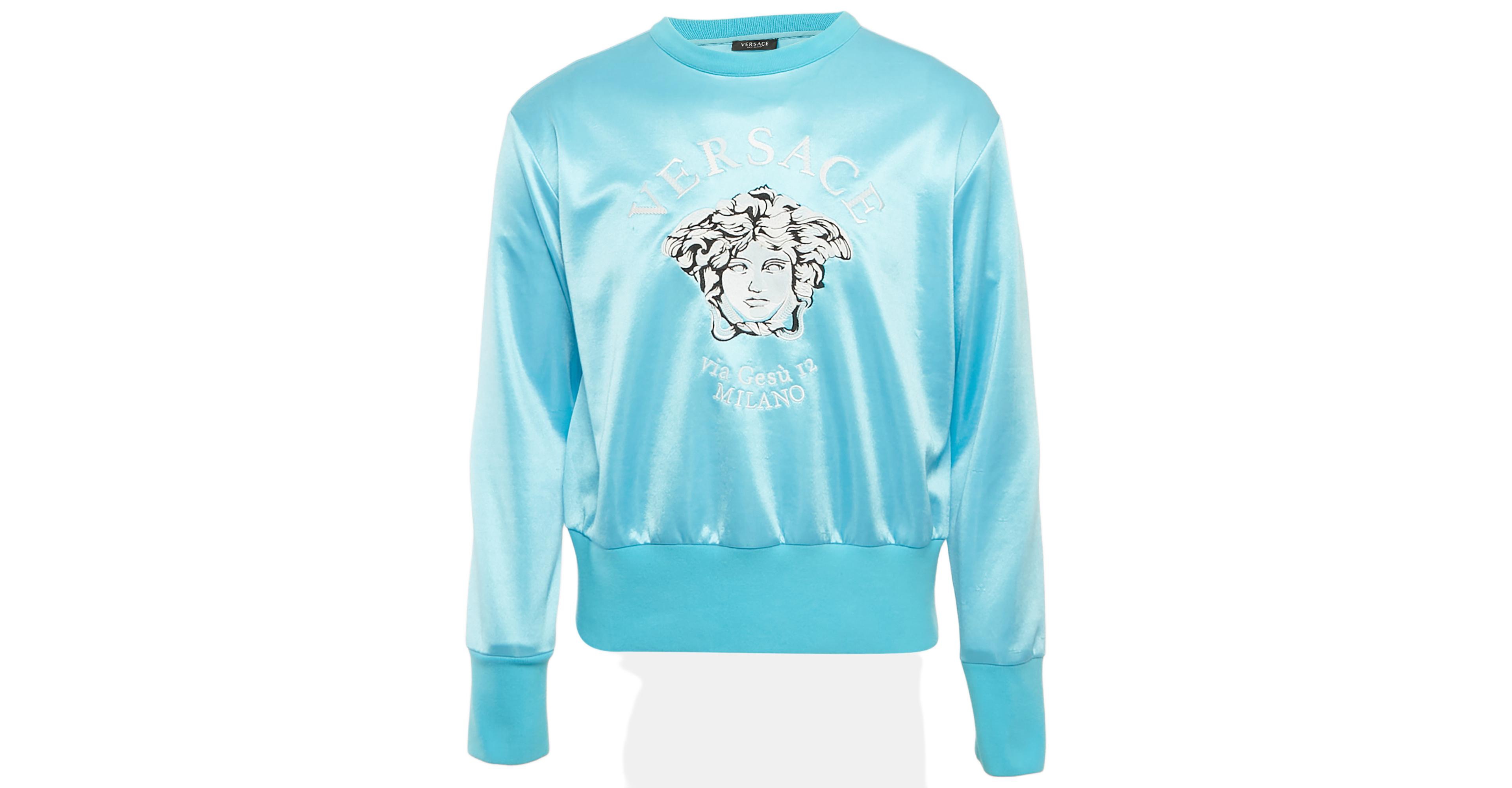 Pre-Owned Versace Men's Blue Logo Embroidered Jersey Sweatshirt
