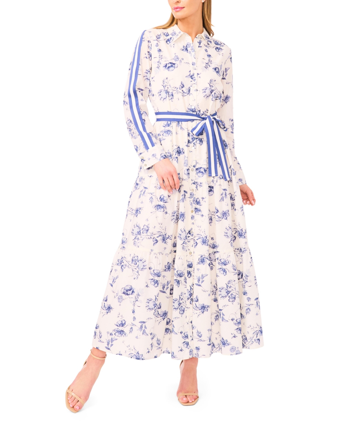 CeCe Women's Long Sleeve Shirt Dress with Tie at Waist