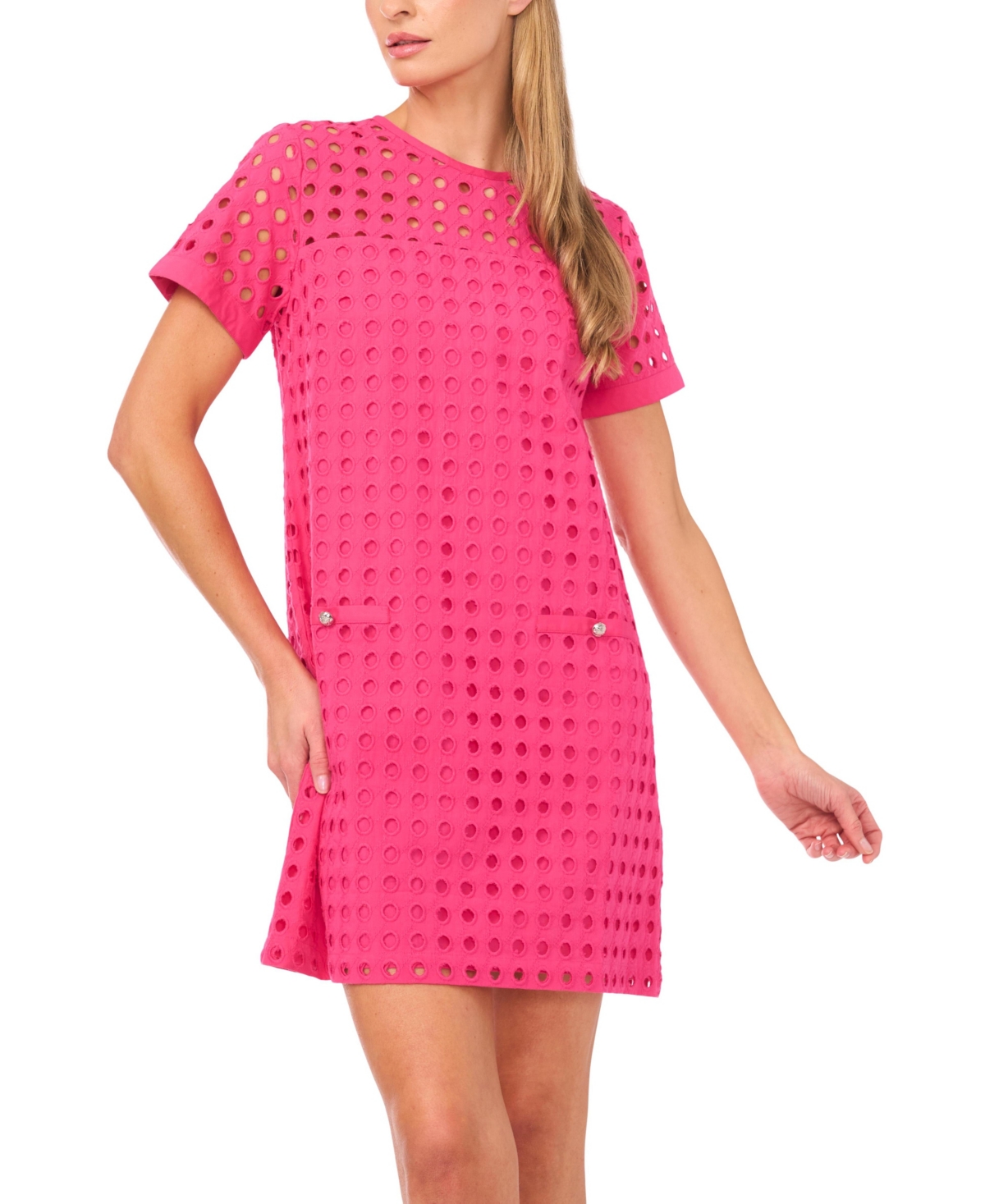 CeCe Women's Circle Eyelet Crewneck Shift Dress