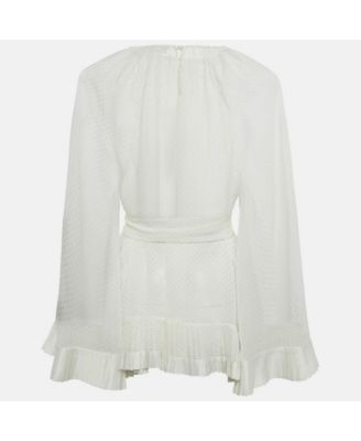Women's White Plumetis Chiffon Pleated Hem Blouse