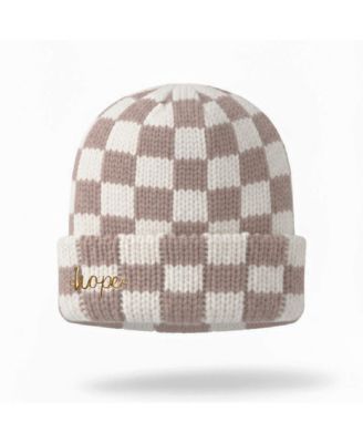 Women's Two-Tone Checkerboard Knit Beanie - Cream + Brown