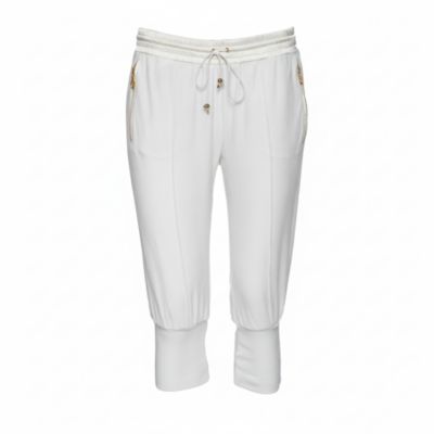 Women's White Cotton Rib Knit Detailed Cropped Joggers