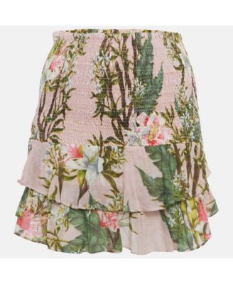 Women's Pink Floral Print Cotton Shirring Tiered Mini Dress