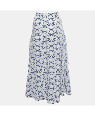 Women's White Printed Silk Ruffled Midi Skirt