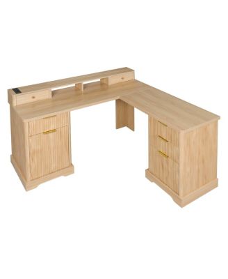  59" Modern Fluted L-Shaped Desk with Charging Station & Storage Cabinet - Oak