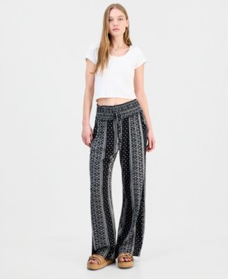 Juniors' Printed Smocked-Waist Wide-Leg Pants