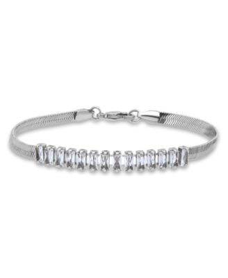 Herringbone 5 ct. t.w Blue Cubic Zirconia Baguette Stones on Herringbone Chain Tennis Bracelet
