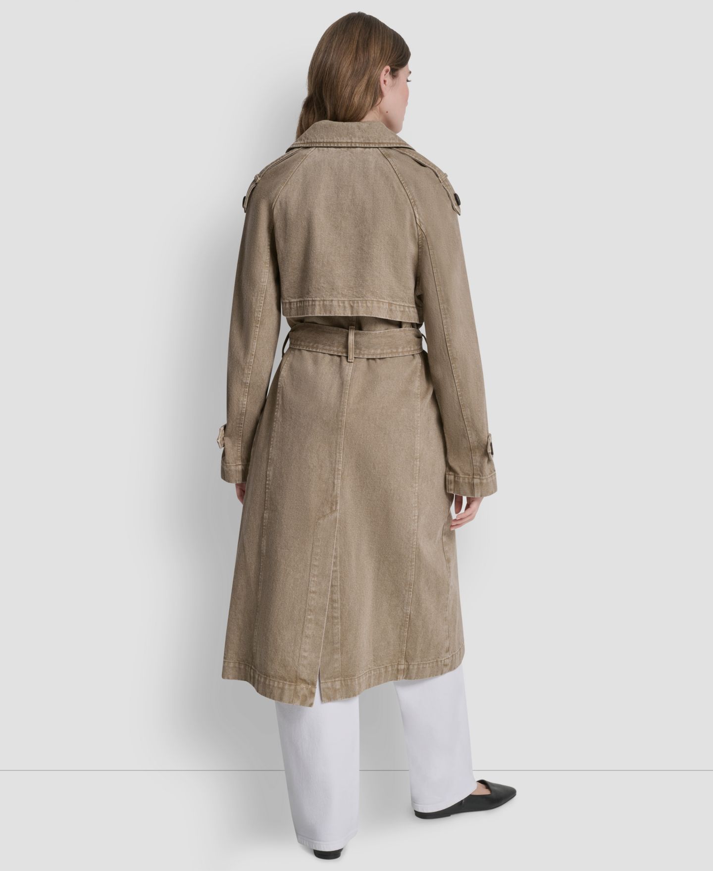 Женское пальто DKNY Double Breasted Denim Belted Trench, цвет: Хаки — фото 3