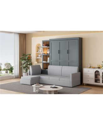 Queen Size Murphy Bed Wall Bed with Sofa and Shelves, Gray