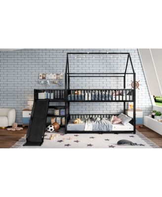 Full Metal House Bunk Bed with Storage Stairs, Slide, Safety Rails