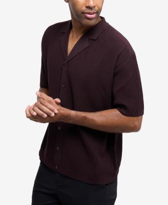 Men's Short Sleeve Vertical Ottoman Camp Collar Button Down Sweater Polo