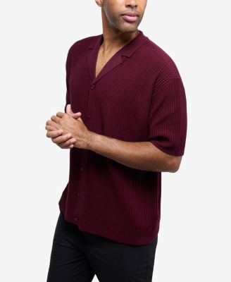 Men's Short Sleeve Vertical Ottoman Camp Collar Button Down Sweater Polo