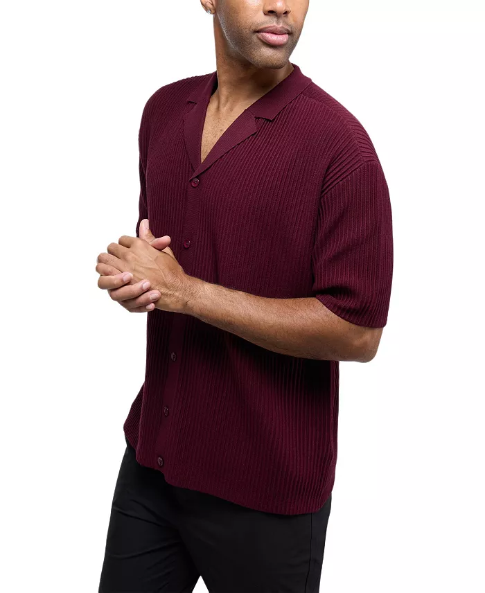 Men's Short Sleeve Vertical Ottoman Camp Collar Button Down Sweater Polo - thumbnail 3