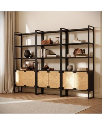 Rattan Cabinet Door Storage Bookshelf with Dual-Function Display/Storage