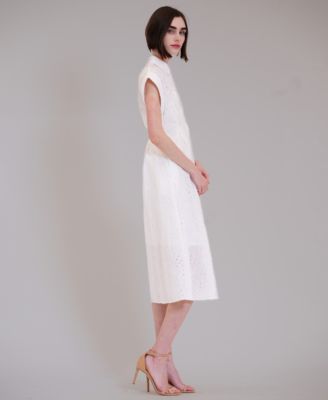 Women's Short-Sleeve V-Neck Eyelet Midi Shirt Dress