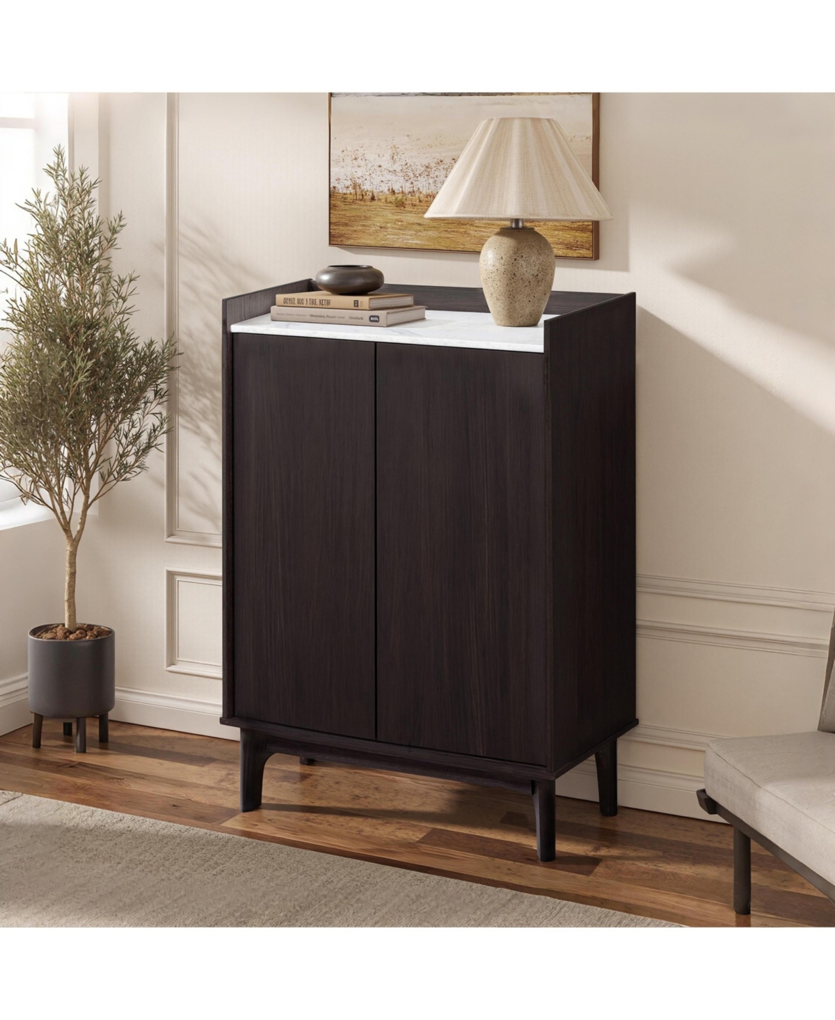 LuxenHome Modi Wenge Accent Cabinet with 2 Doors, Open Storage & Raised Sides, Faux Marble Top, Manufactured Wood