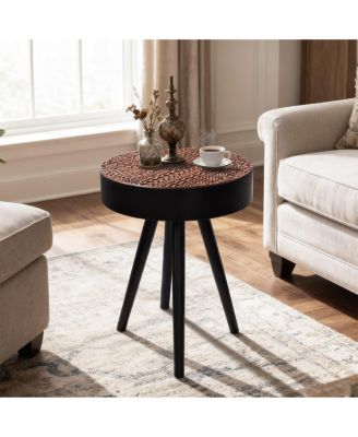 15.7 in. Round Coffee Table with Carved Top – Small Drink Table, Modern Accent Nightstand for Living Room, Bedroom, Office – Easy Assembly