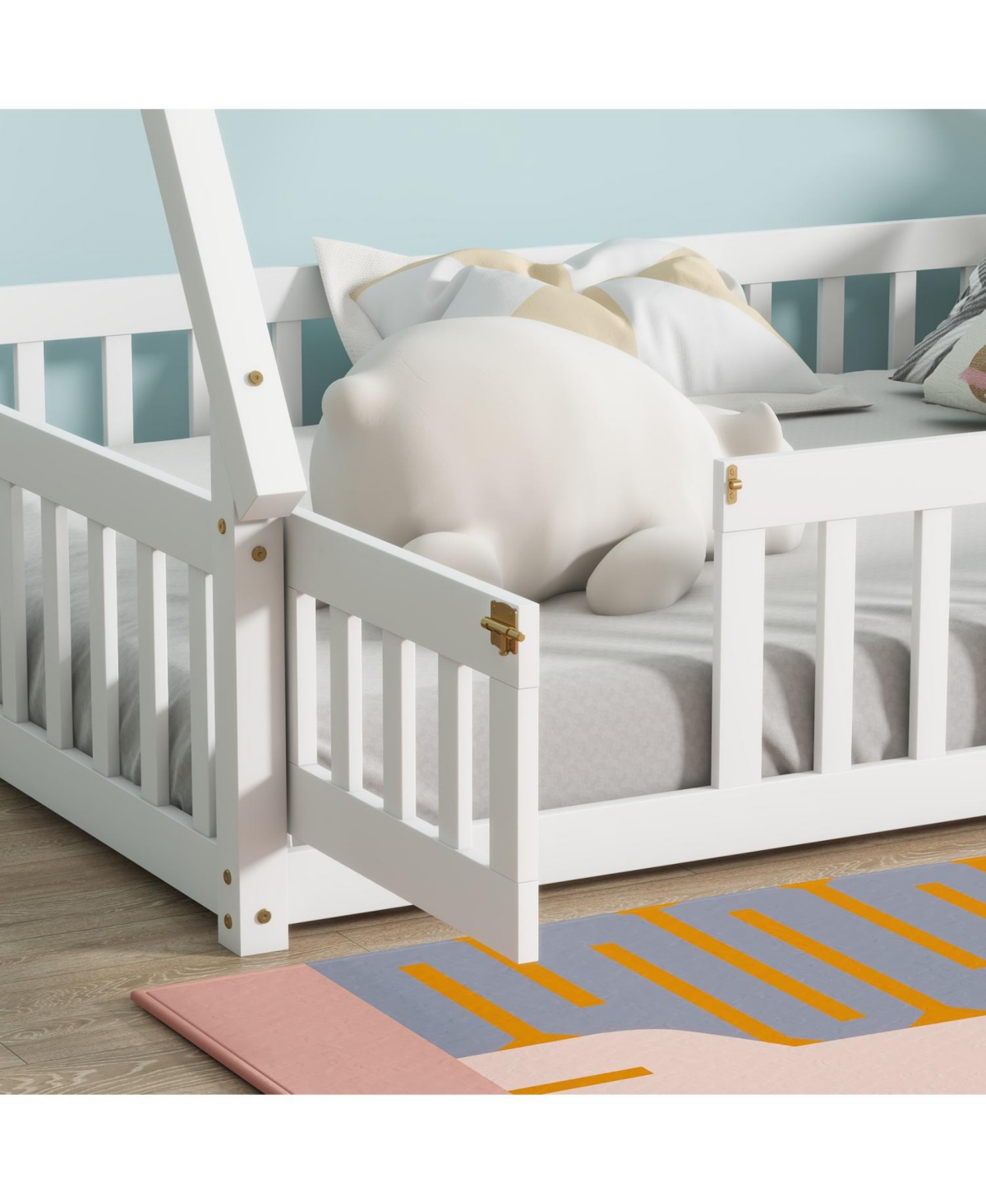 Streamdale Furniture Full Size Rubber Wood Tent-shaped Floor Bed,with Guardrails,Slats and Door