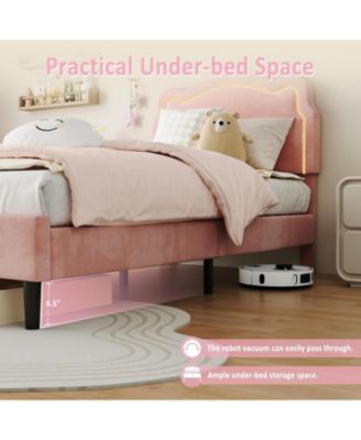 Twin Bed Frame with Smart LED Lights and Bear-Shapped Upholstered Headboard,Velvet Princess Platform Bed