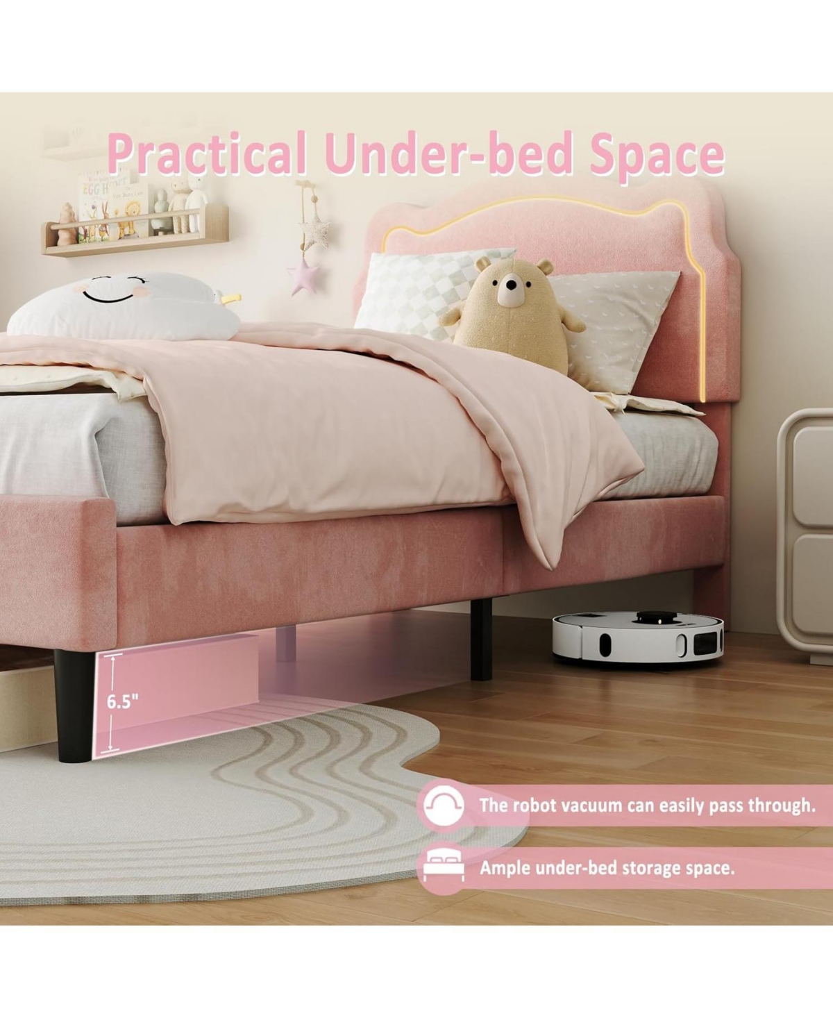 gaomon Twin Bed Frame with Smart Led Lights and Bear-Shapped Upholstered Headboard,Velvet Princess Platform
