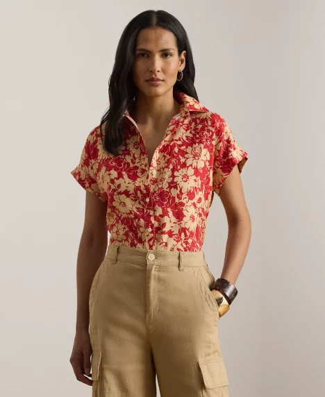 Petite Floral Short-Sleeve Shirt - Red/Tan