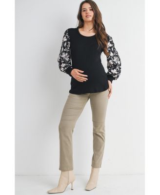 Maternity Ribbed Scoop Neck Floral Puff Sleeve Top