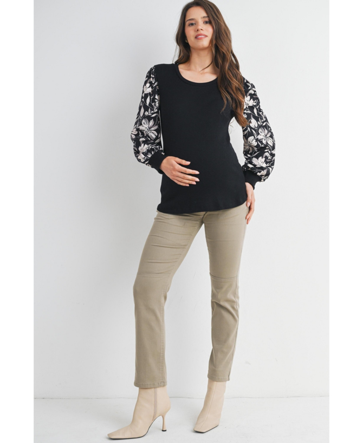Hello Miz Maternity Ribbed Scoop Neck Floral Puff Sleeve Top