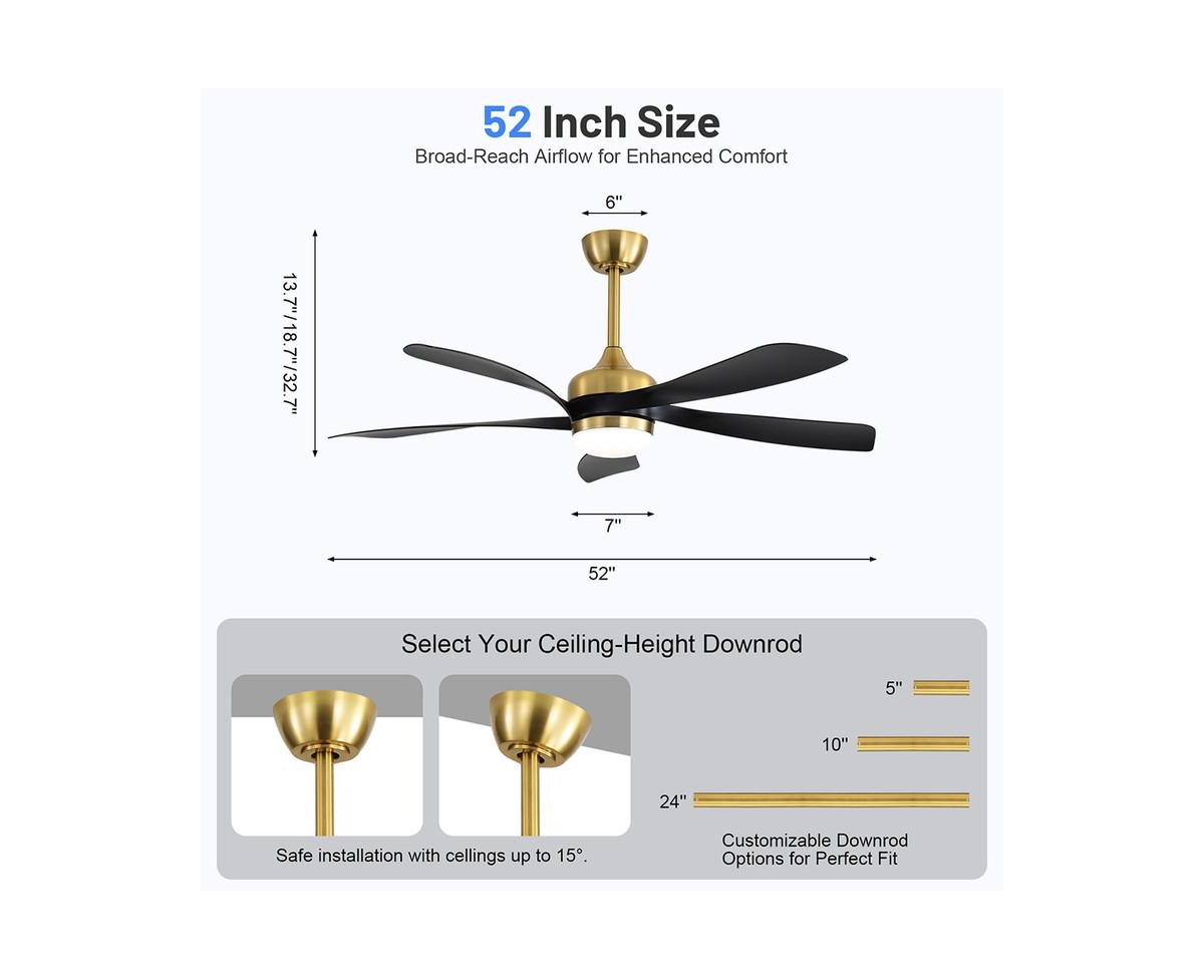 Sofucor 52-inch Modern Gold 5-Blade Ceiling Fan with Led Light and Remote Control