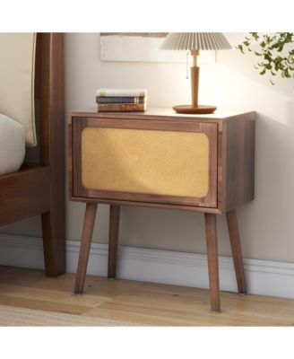 Rotating Hidden Compartment Nightstands, Mid Century Rattan Bedside Table with Flip Drawer and Wood Legs for Living Room, Bedroom