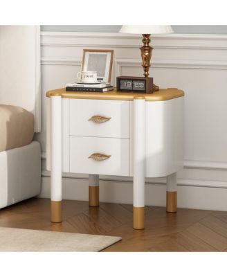 2 Drawers Nightstand with Curved Profile Design, Bedside Table with Metal Feather-Shaped Handles, End Table for Living Room and Bedroom
