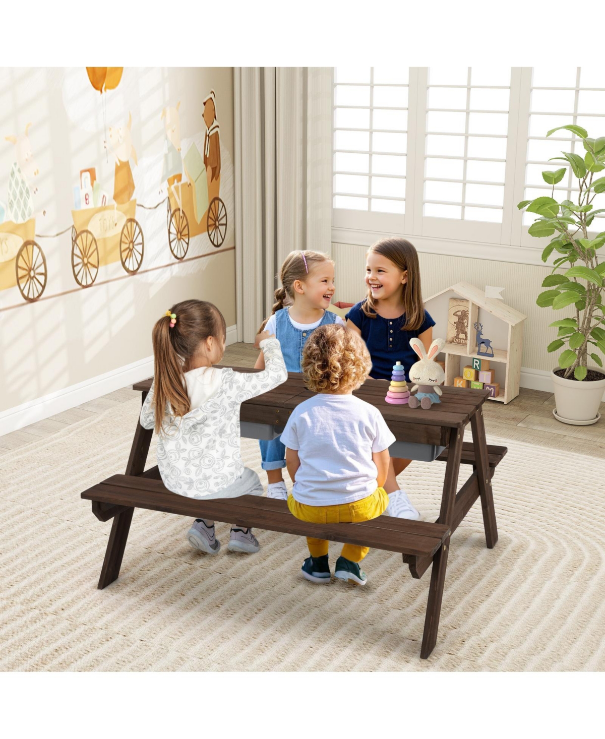 Costway 3-in-1 Kids Picnic Table Outdoor Water Sand Table w/ Umbrella Play Boxes