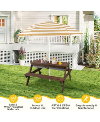3-in-1 Kids Picnic Table Wooden Outdoor Sand & Water Table with Umbrella Play Boxes