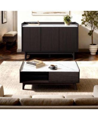 Modi Wenge Coffee Table with 1 Door, Open Storage & Raised Sides, Faux Marble Top, Manufactured Wood