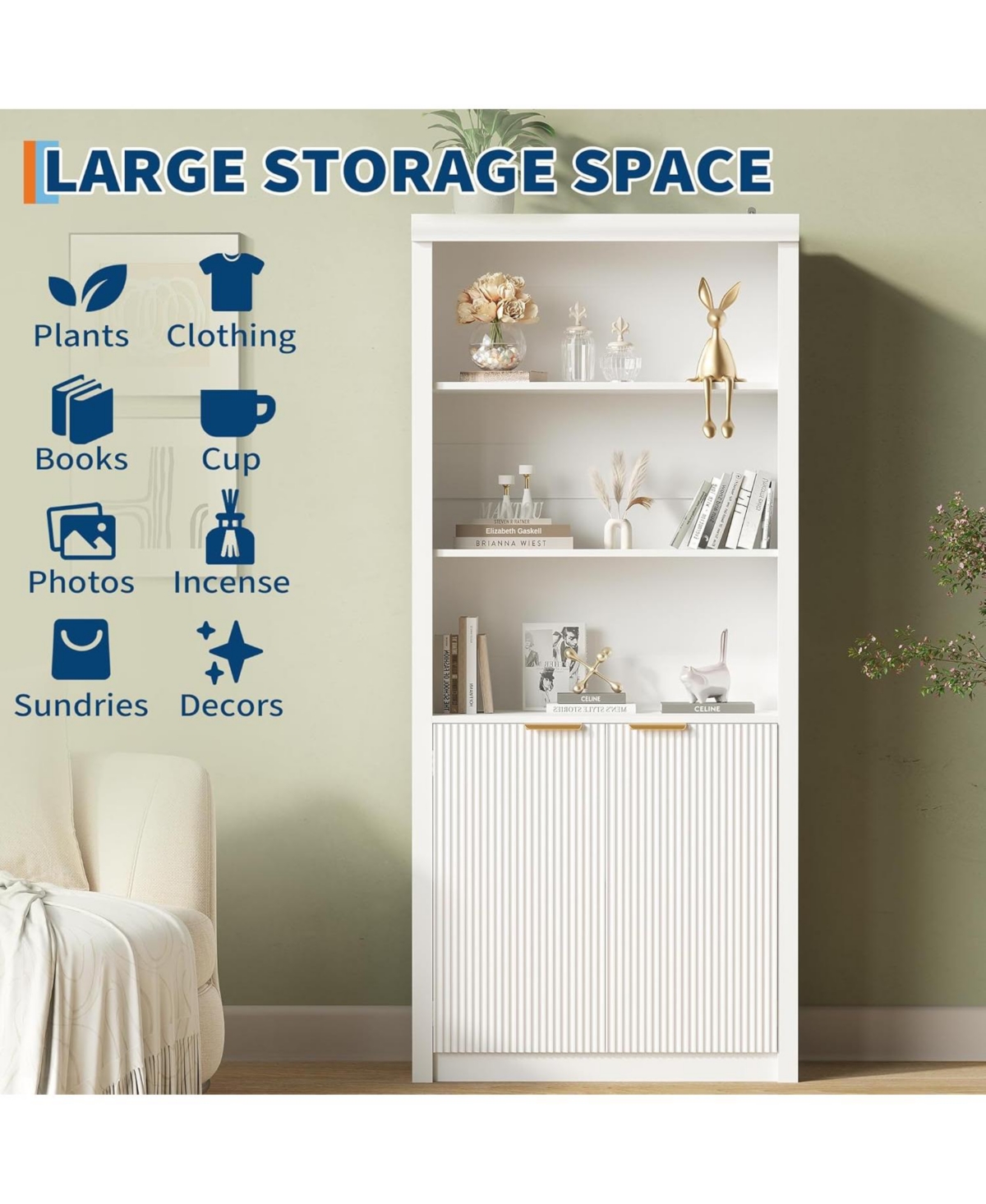 gaomon Tall 5-Shelf Wooden Bookcase with Doors, 31.5" Wide Farmhouse Book Shelf, Adjustable Top Shelf