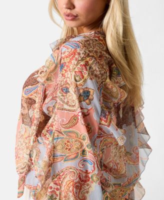 Women's Paisley Ruffle Long-Sleeve V-Neck Top
