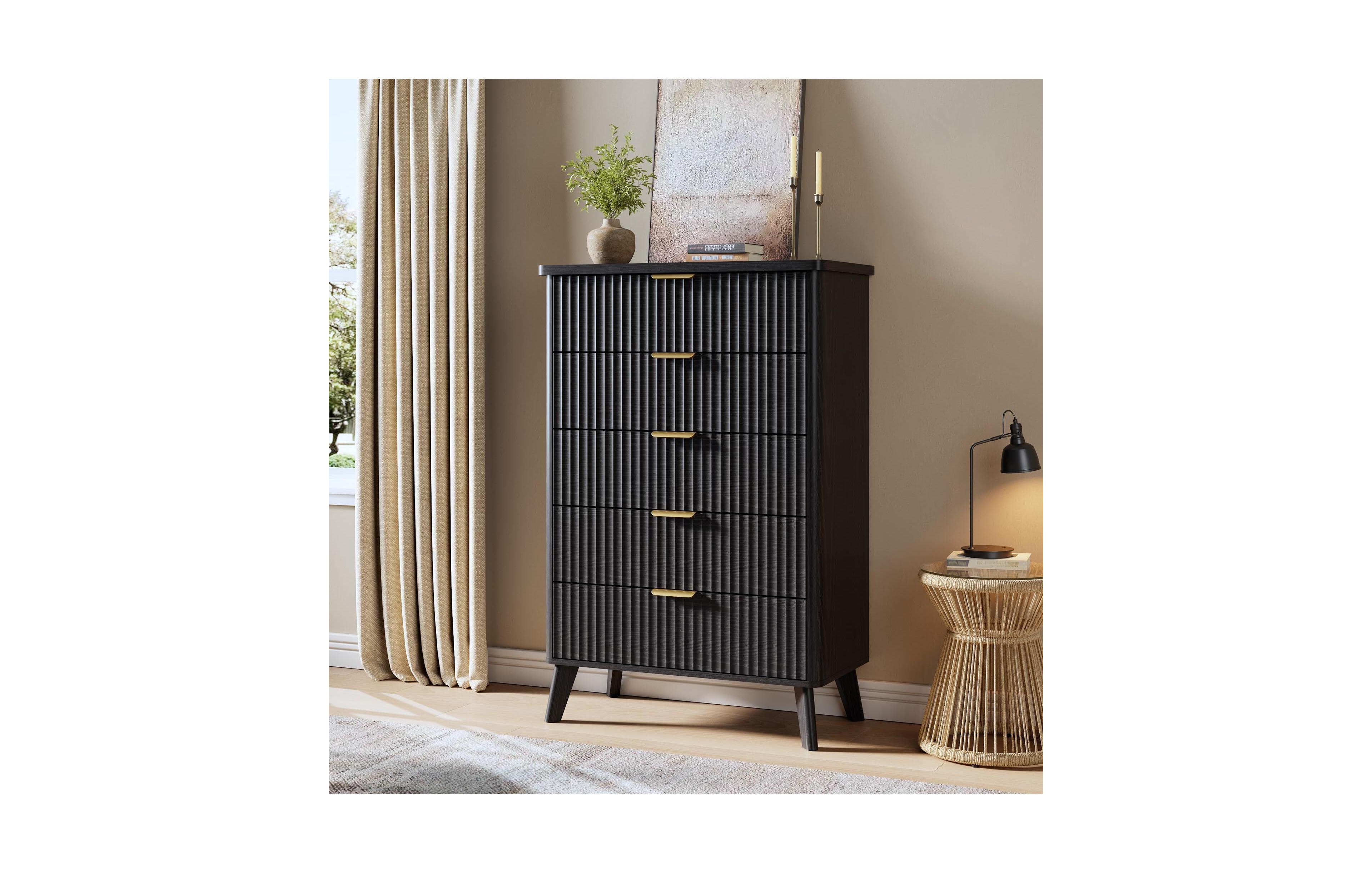 gaomon Fluted Dresser for Bedroom, 5 Deep Drawer Modern Wood Storage Chest, Black