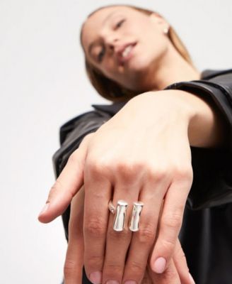 Sterling Silver-Plated Metal Alloy Ring with Two Vertical Tubes at Each End