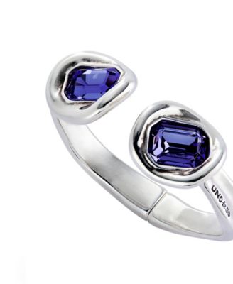 Rigid Metal Alloy Bracelet Plated in Sterling Silver with Two Purple Faceted Crystals duplicate