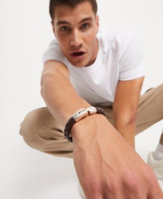 Cognac Braided Leather Bracelet with Sterling Silver-Plated Metal Alloy Clasp