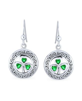Good Luck Celtic Knot Circle Green Clover Dangle Earrings .925 Sterling Silver